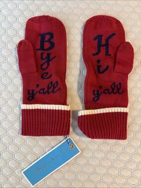 Draper James Red Mittens with Navy Script and Cream Trim